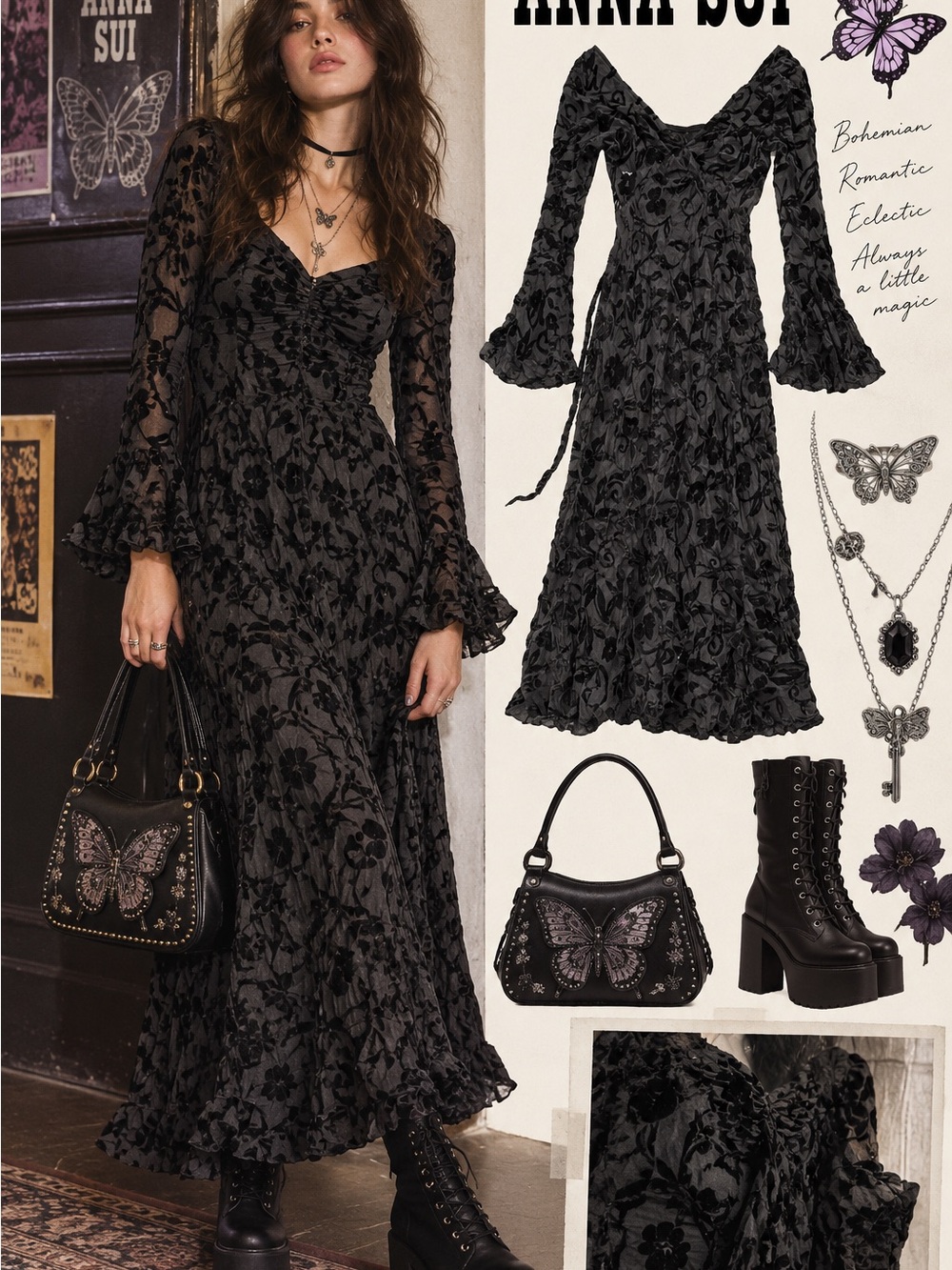 Anna Sui Black Floral Velvet Maxi Dress  Sheer 8
